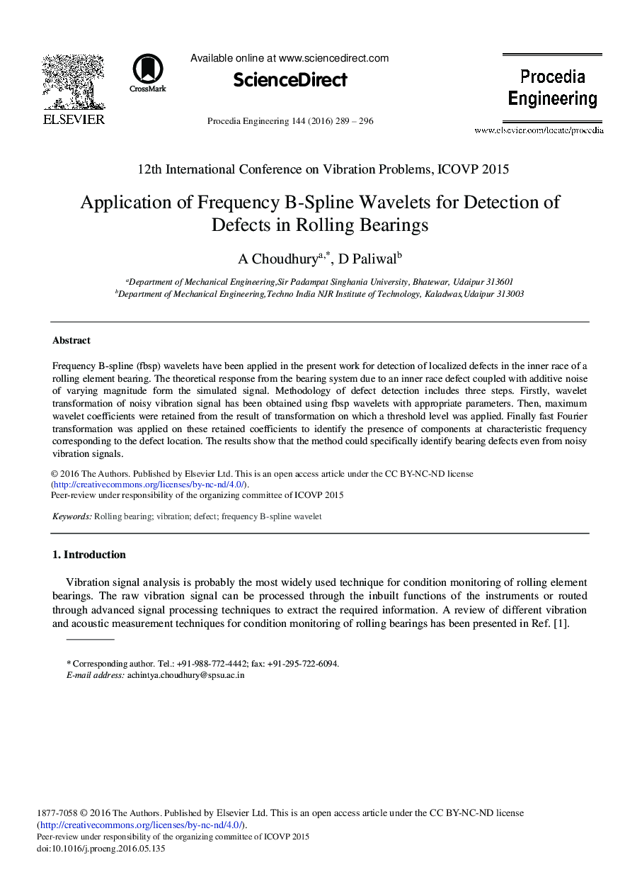 Application of Frequency B-Spline Wavelets for Detection of Defects in Rolling Bearings 