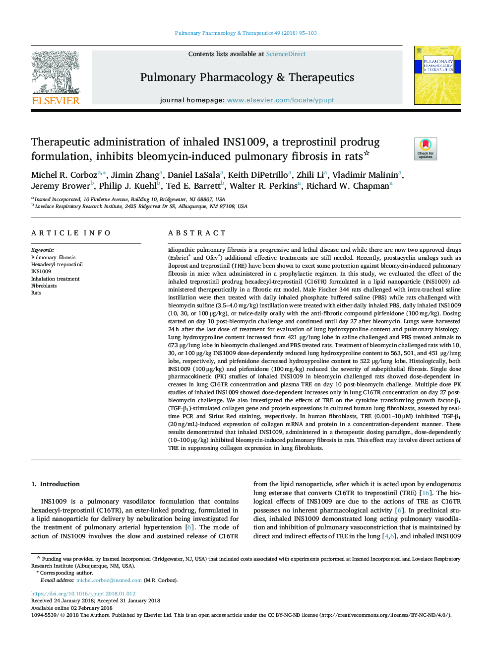 Therapeutic administration of inhaled INS1009, a treprostinil prodrug formulation, inhibits bleomycin-induced pulmonary fibrosis in rats