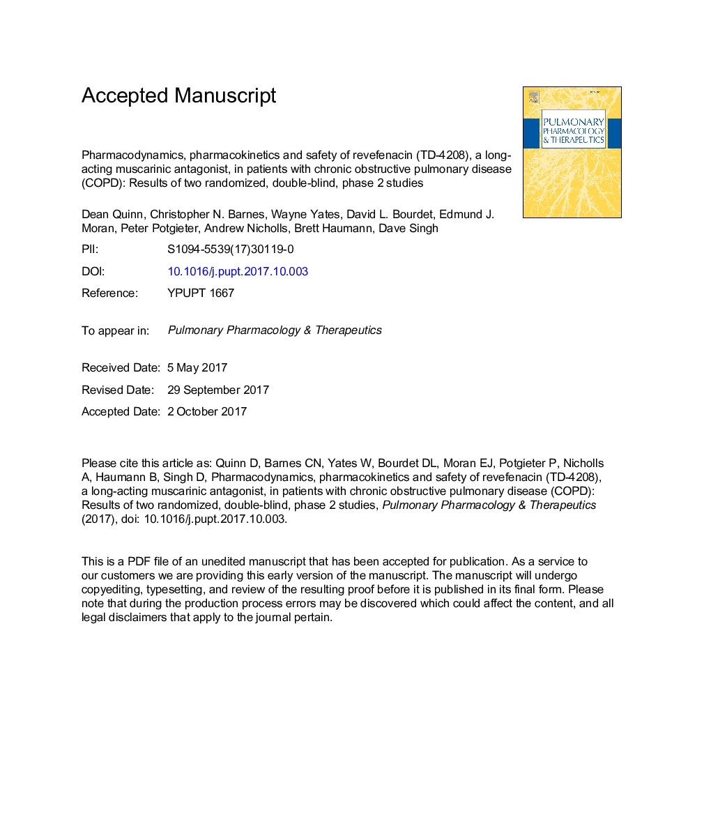 Pharmacodynamics, pharmacokinetics and safety of revefenacin (TD-4208), a long-acting muscarinic antagonist, in patients with chronic obstructive pulmonary disease (COPD): Results of two randomized, double-blind, phase 2 studies