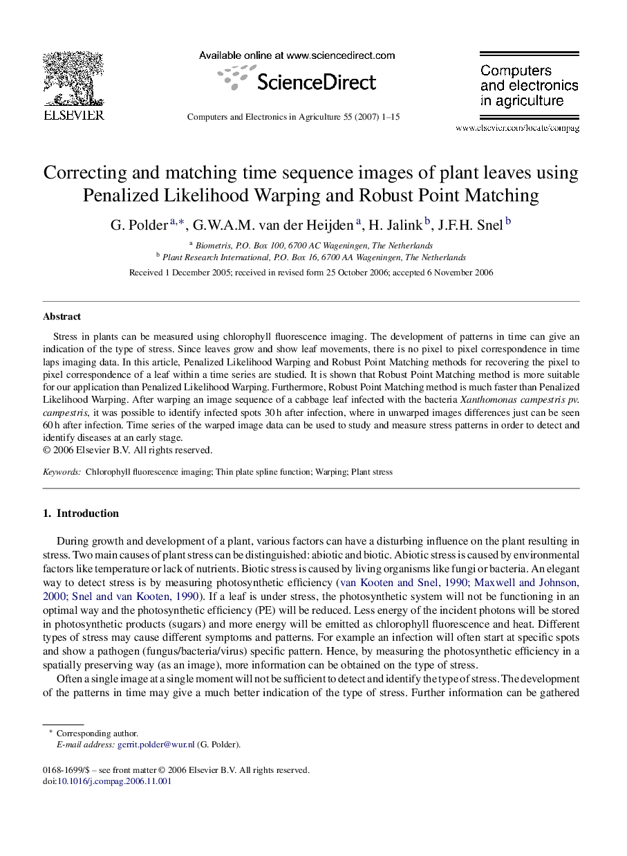 Correcting and matching time sequence images of plant leaves using Penalized Likelihood Warping and Robust Point Matching