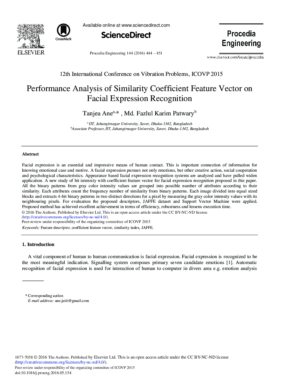 Performance Analysis of Similarity Coefficient Feature Vector on Facial Expression Recognition 