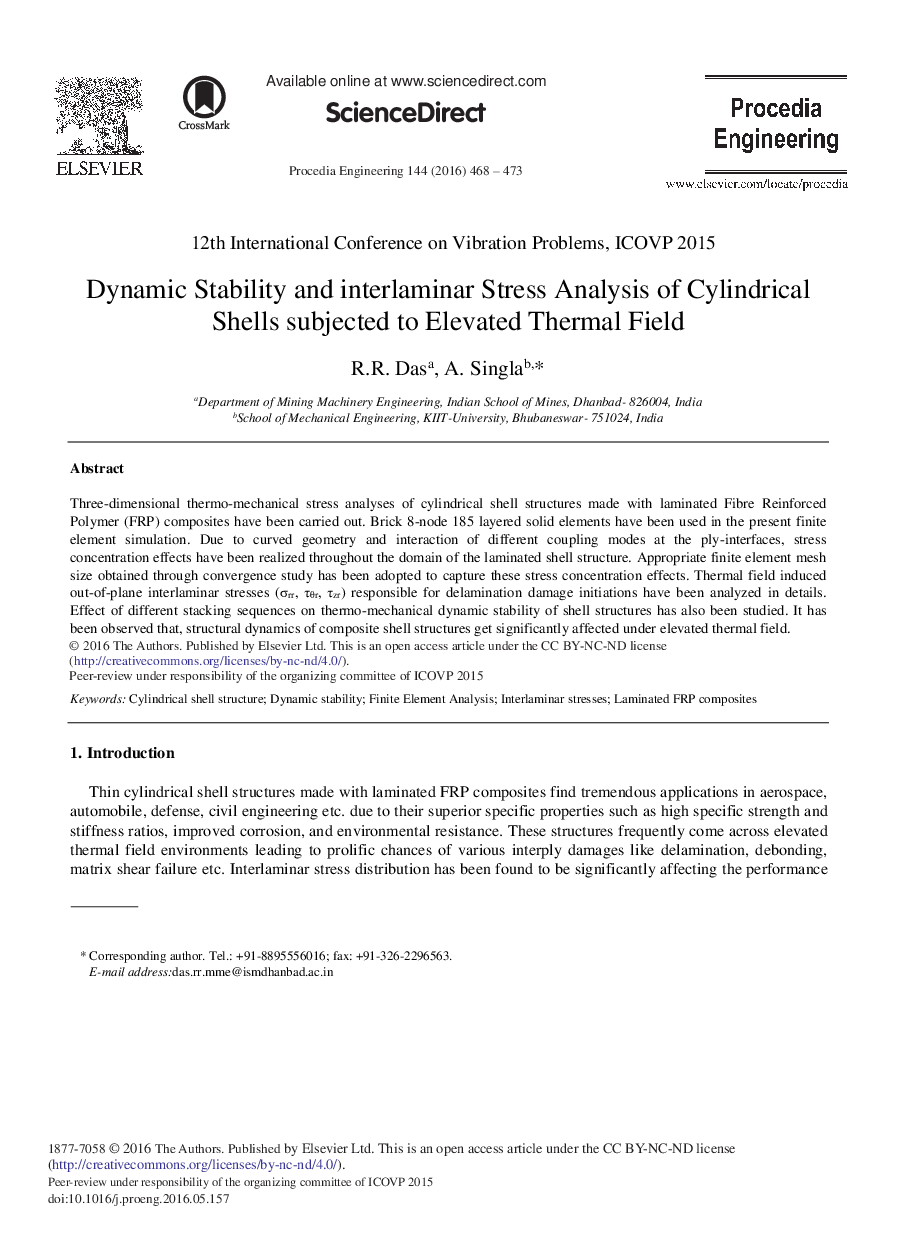 پایداری دینامیک و تحلیل تنش بین لامینی پوستههای سیلندری تحت شرایط حرارتی بالادست 