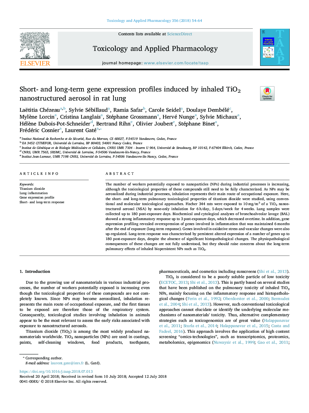 Short- and long-term gene expression profiles induced by inhaled TiO2 nanostructured aerosol in rat lung