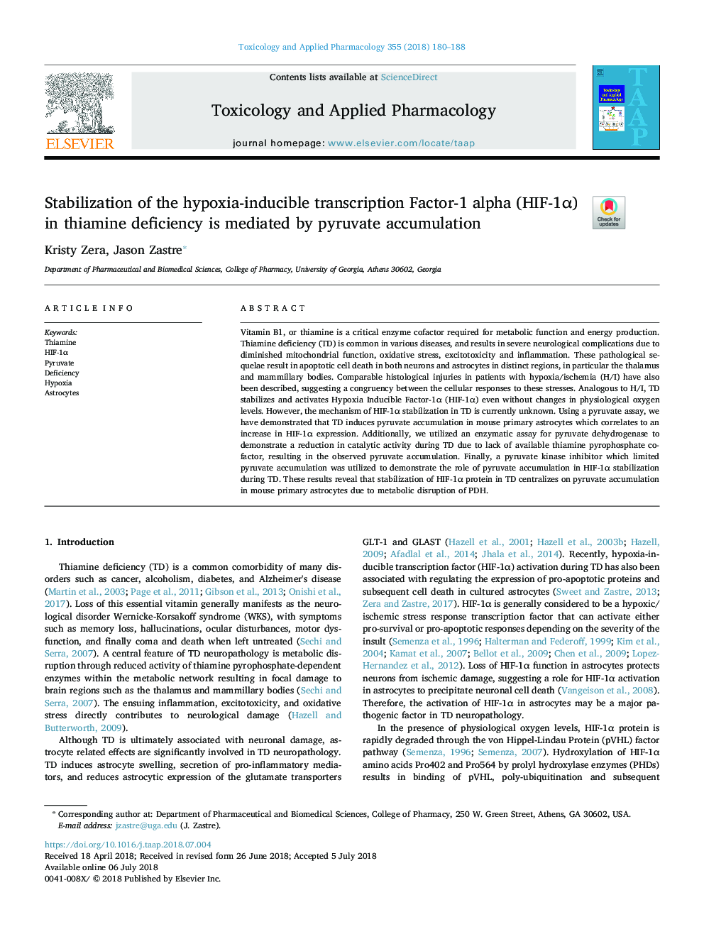 Stabilization of the hypoxia-inducible transcription Factor-1 alpha (HIF-1Î±) in thiamine deficiency is mediated by pyruvate accumulation