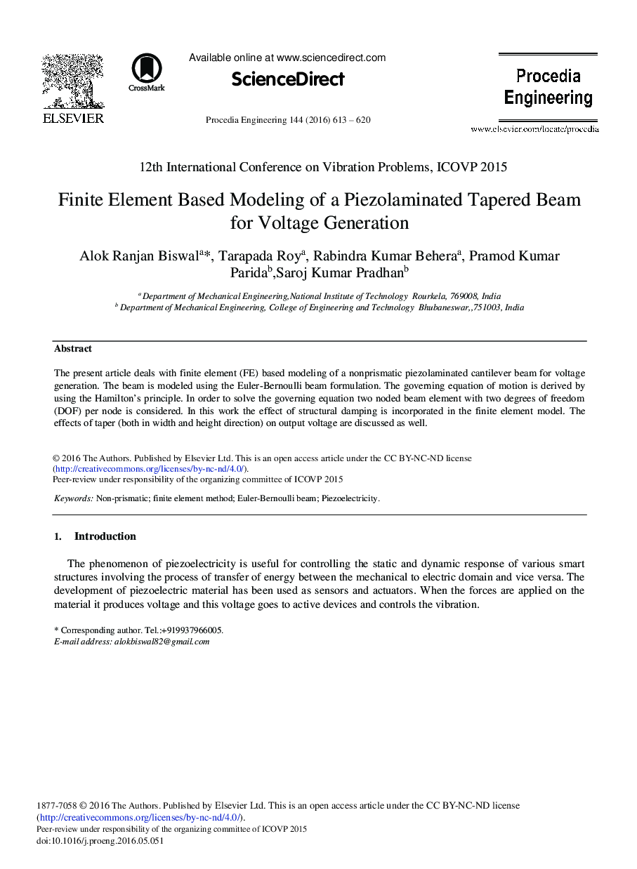 Finite Element Based Modeling of a Piezolaminated Tapered Beam for Voltage Generation 