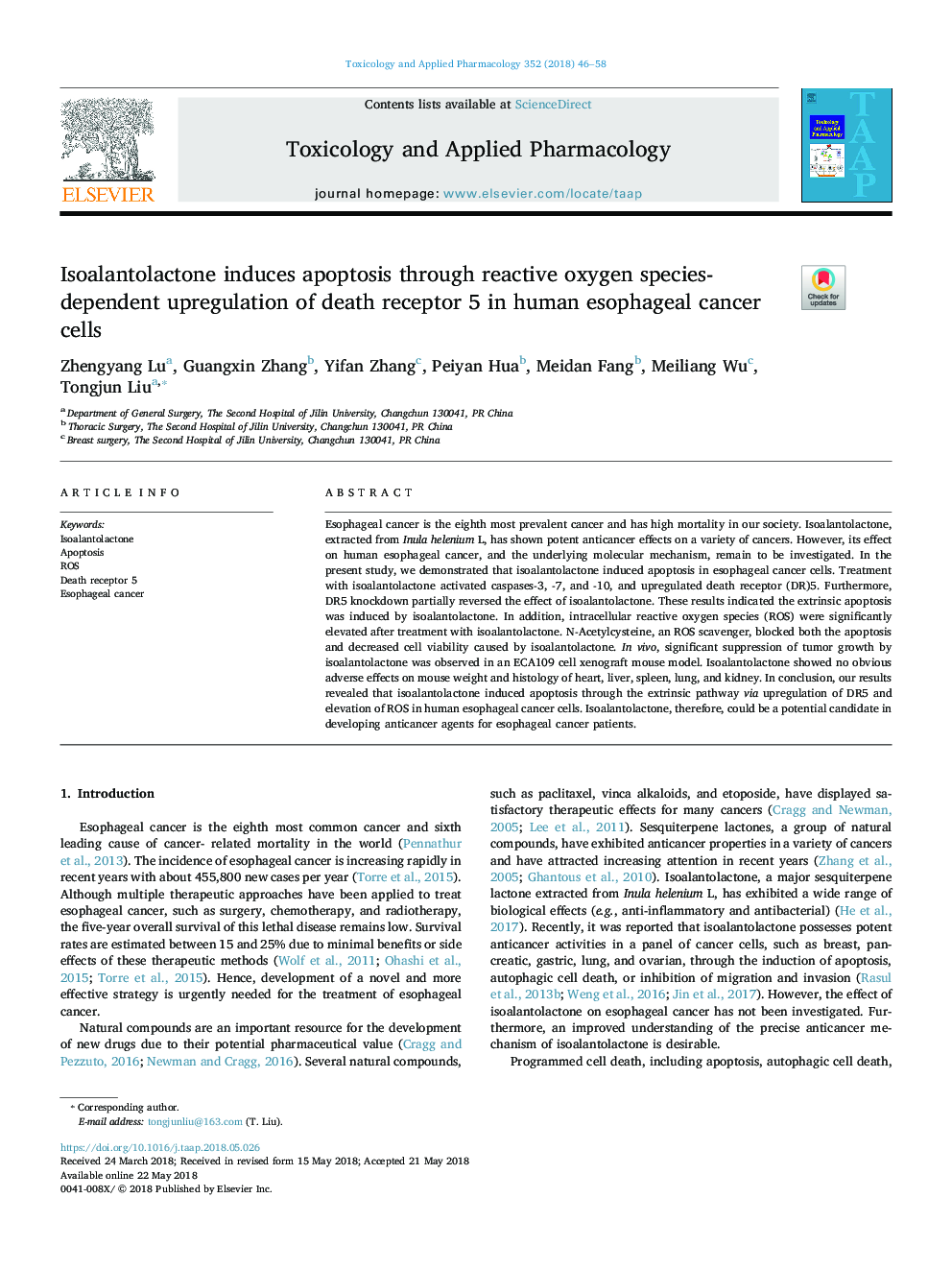 Isoalantolactone induces apoptosis through reactive oxygen species-dependent upregulation of death receptor 5 in human esophageal cancer cells