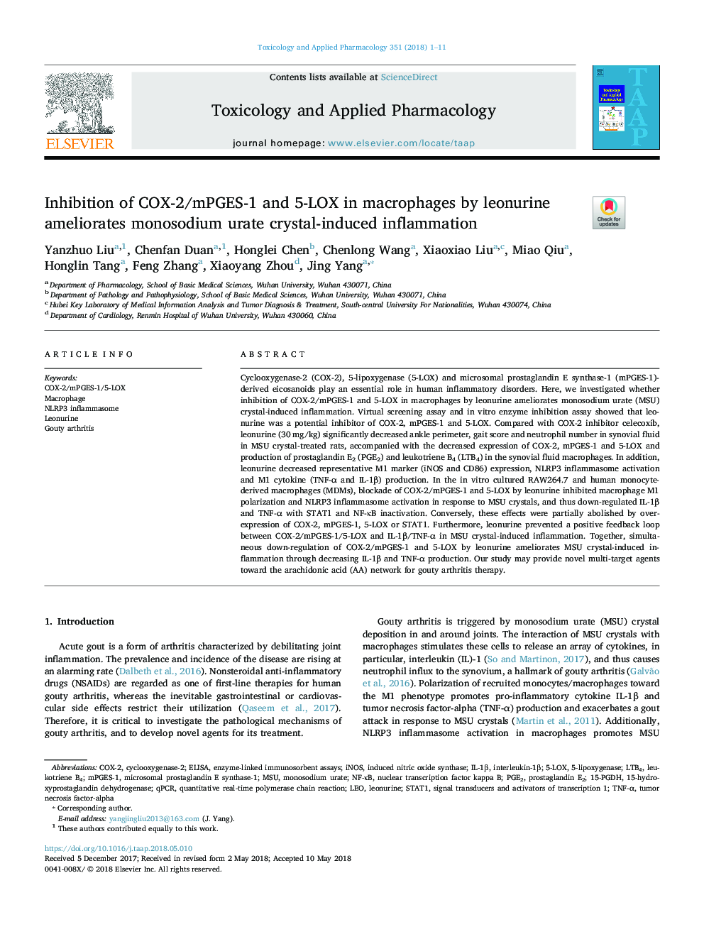 Inhibition of COX-2/mPGES-1 and 5-LOX in macrophages by leonurine ameliorates monosodium urate crystal-induced inflammation