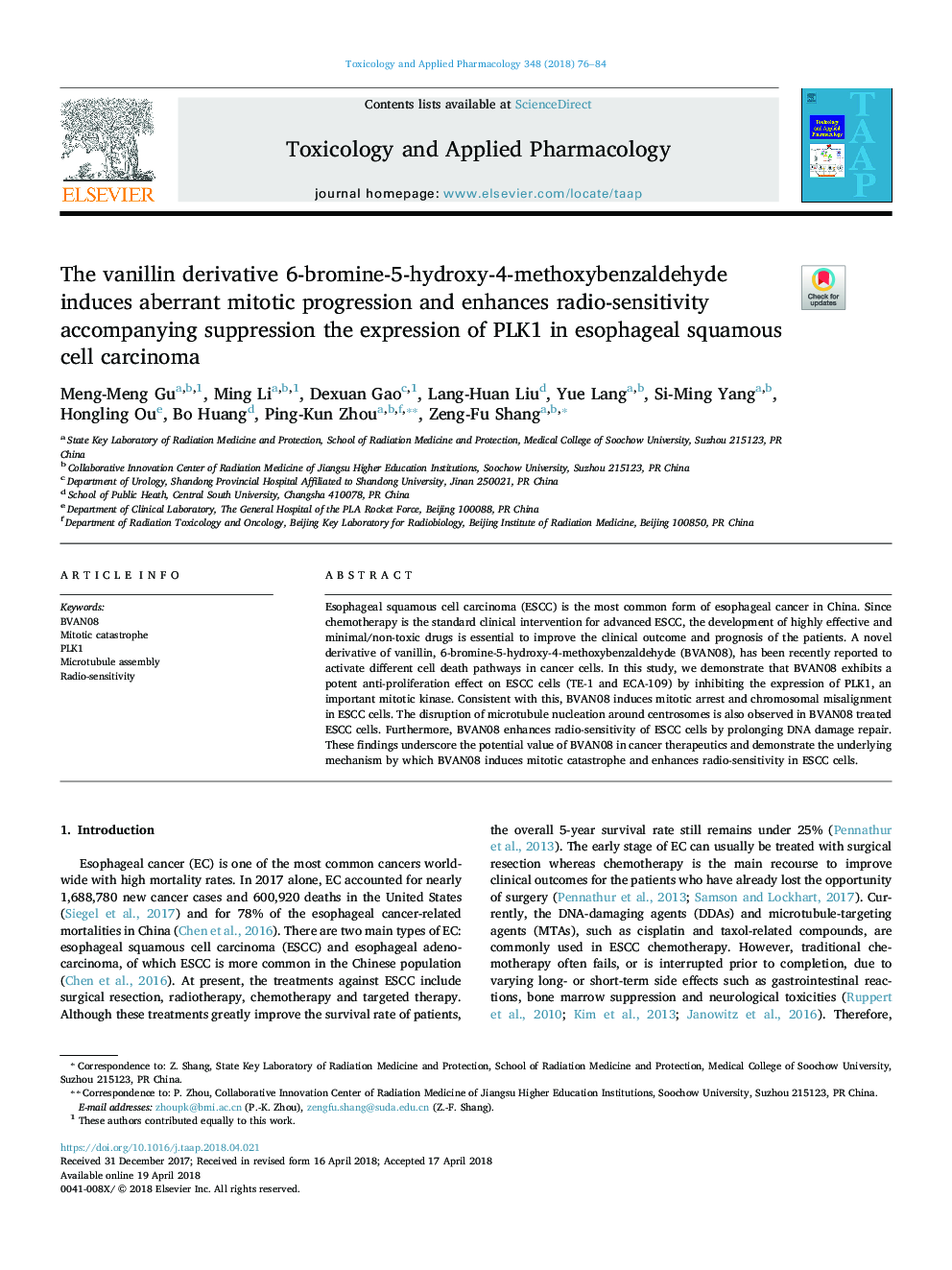 The vanillin derivative 6-bromine-5-hydroxy-4-methoxybenzaldehyde induces aberrant mitotic progression and enhances radio-sensitivity accompanying suppression the expression of PLK1 in esophageal squamous cell carcinoma