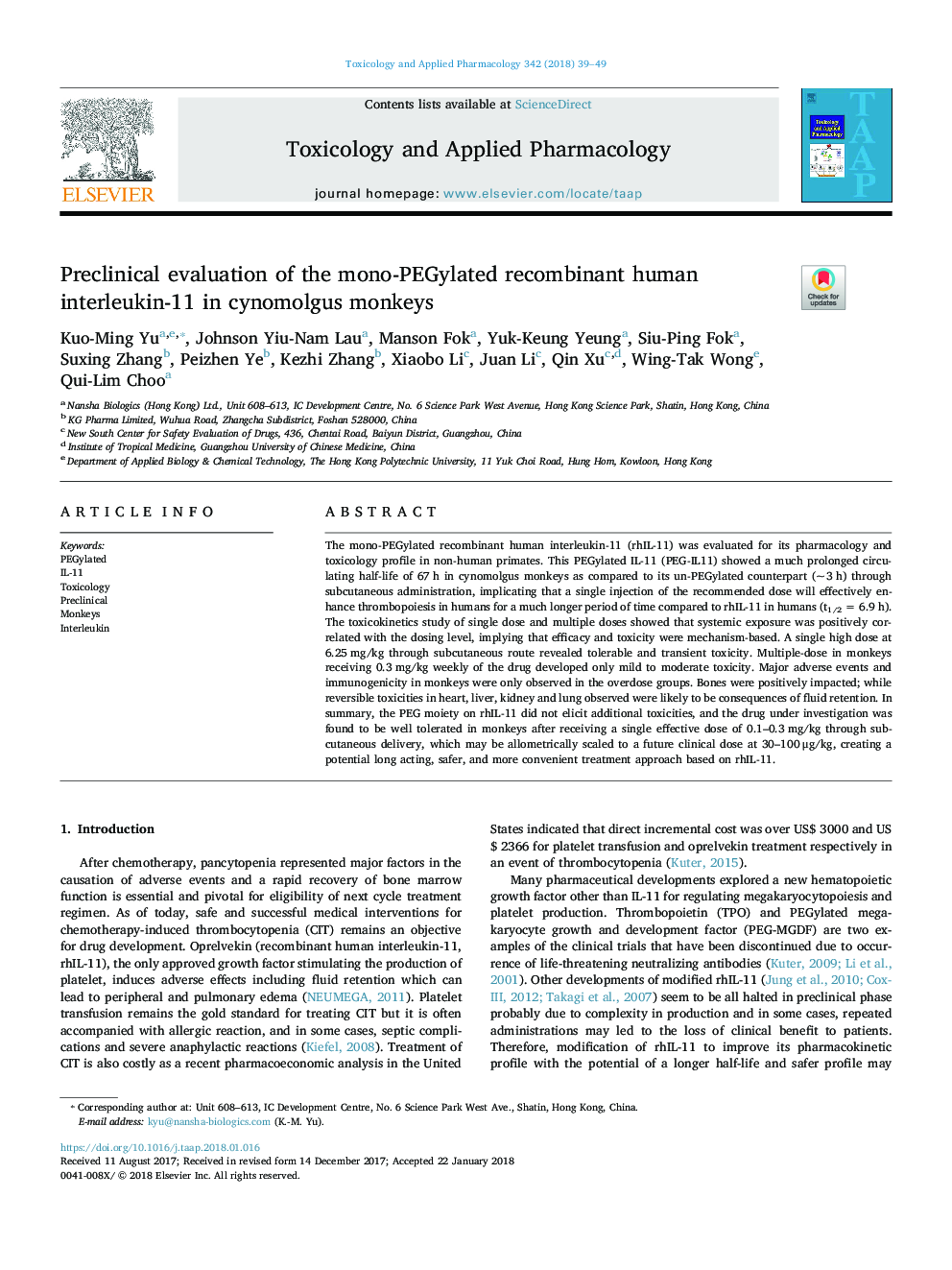 Preclinical evaluation of the mono-PEGylated recombinant human interleukin-11 in cynomolgus monkeys