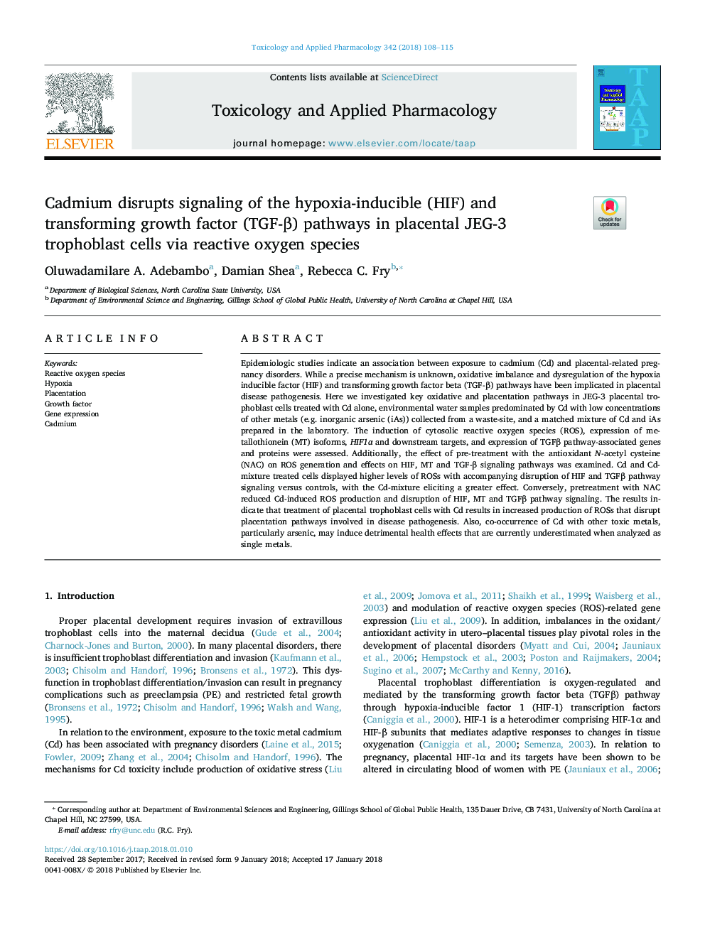 Cadmium disrupts signaling of the hypoxia-inducible (HIF) and transforming growth factor (TGF-Î²) pathways in placental JEG-3 trophoblast cells via reactive oxygen species