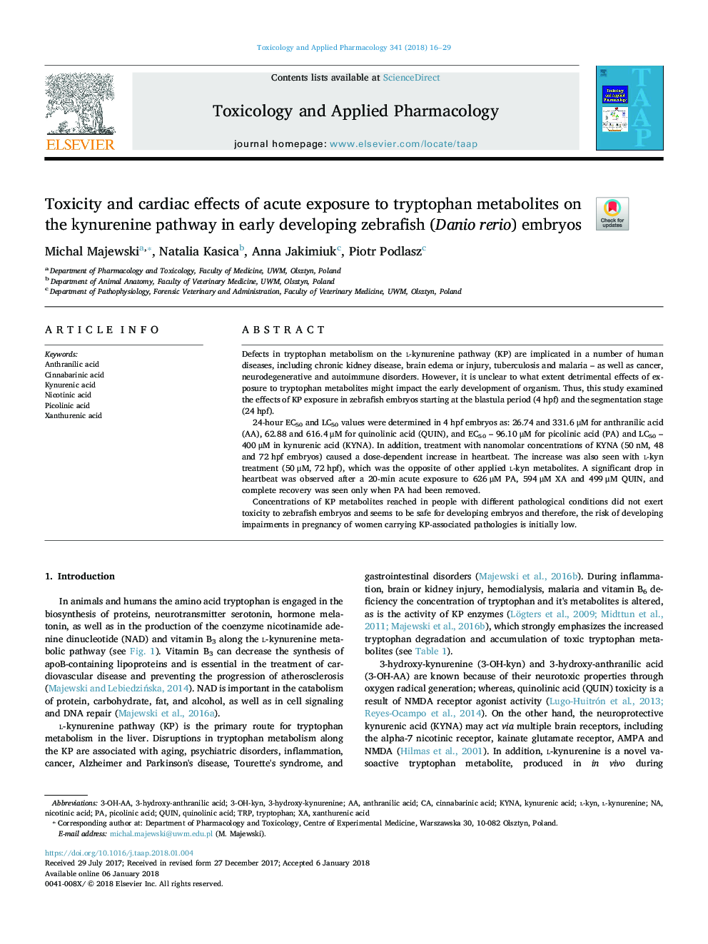 Toxicity and cardiac effects of acute exposure to tryptophan metabolites on the kynurenine pathway in early developing zebrafish (Danio rerio) embryos