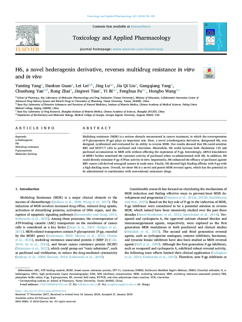 H6, a novel hederagenin derivative, reverses multidrug resistance in vitro and in vivo