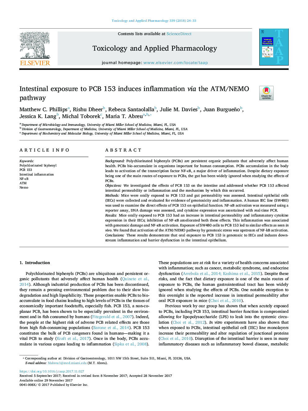 Intestinal exposure to PCB 153 induces inflammation via the ATM/NEMO pathway