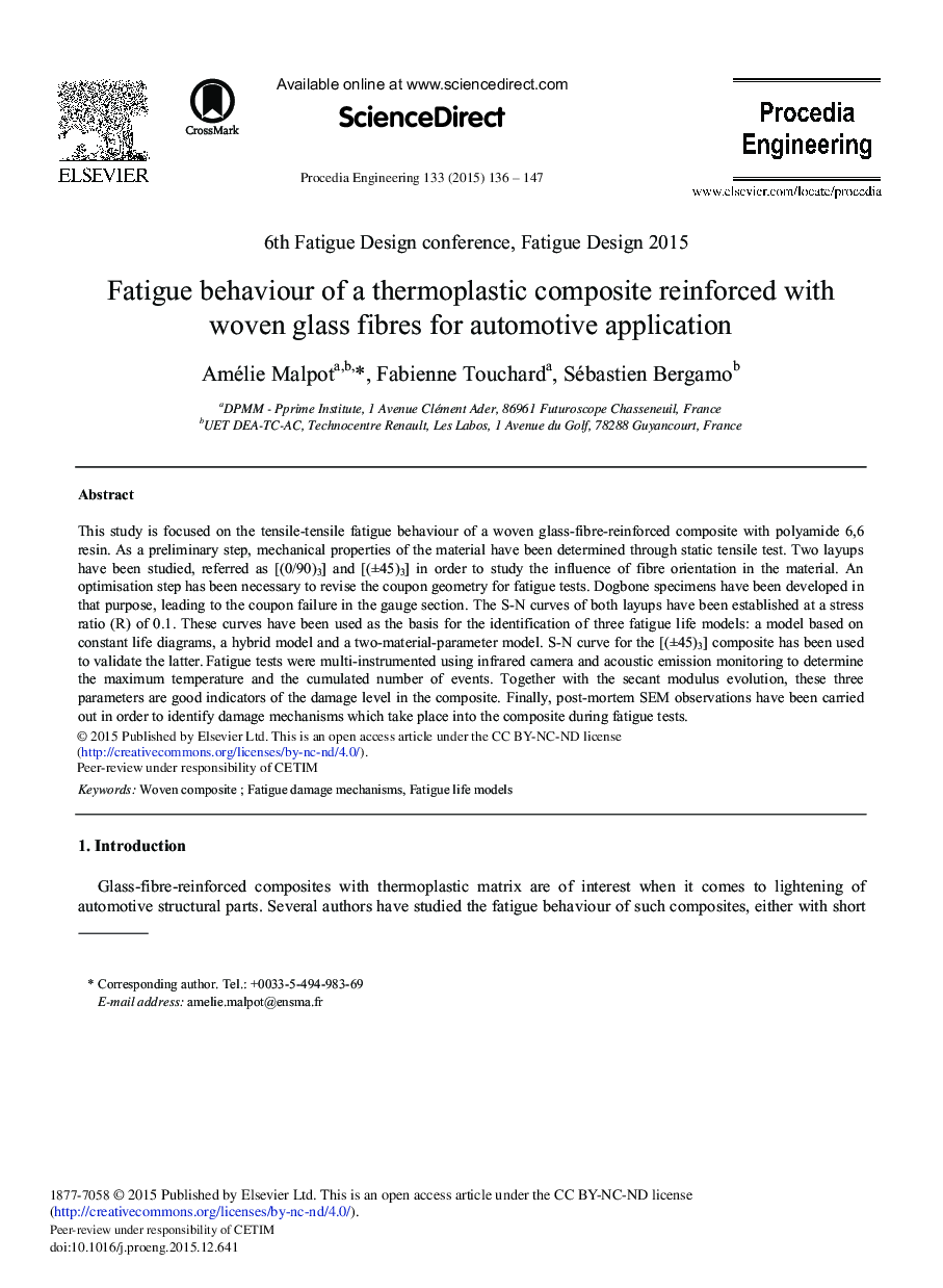 Fatigue Behaviour of a Thermoplastic Composite Reinforced with Woven Glass Fibres for Automotive Application 