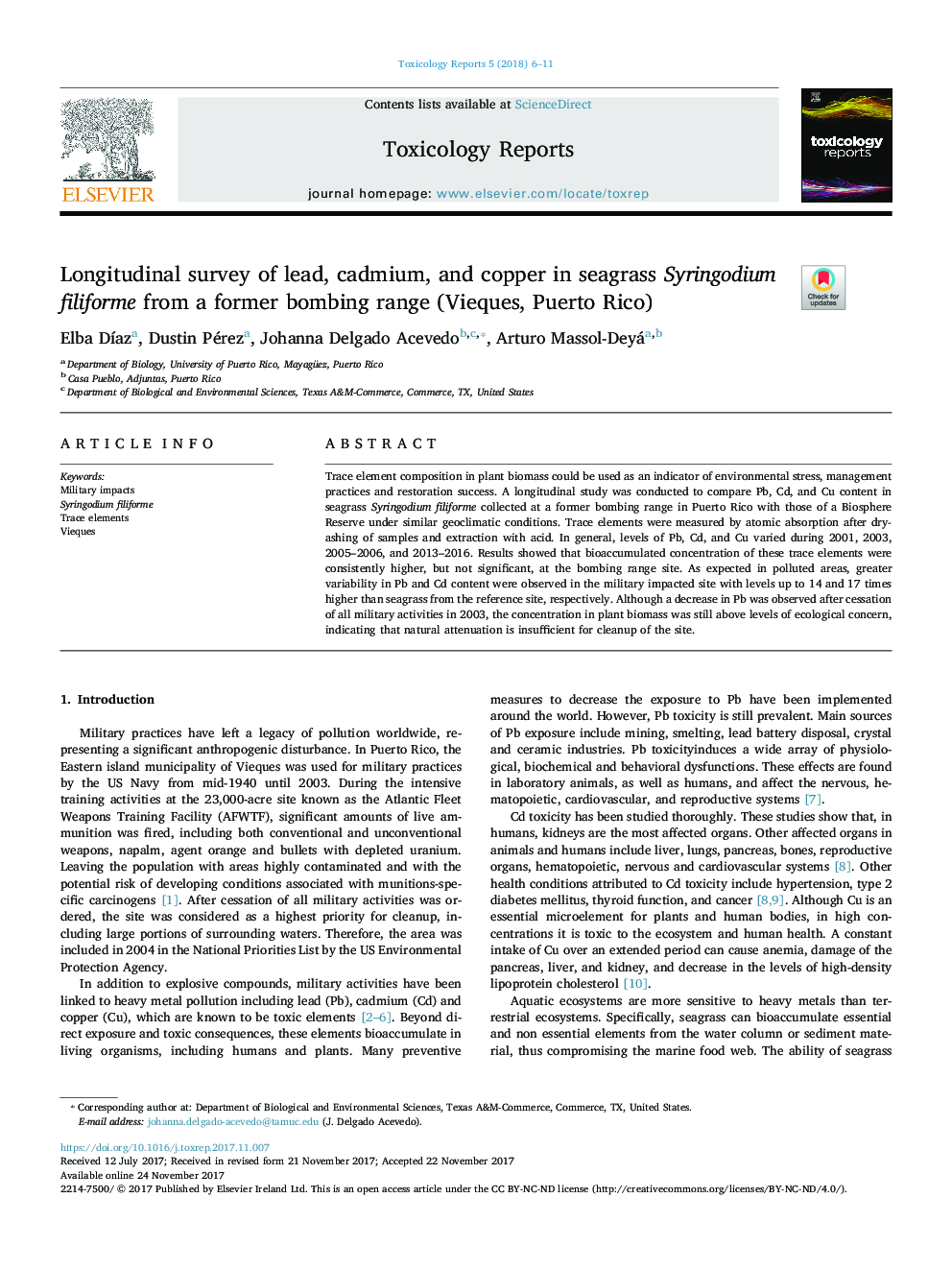 Longitudinal survey of lead, cadmium, and copper in seagrass Syringodium filiforme from a former bombing range (Vieques, Puerto Rico)