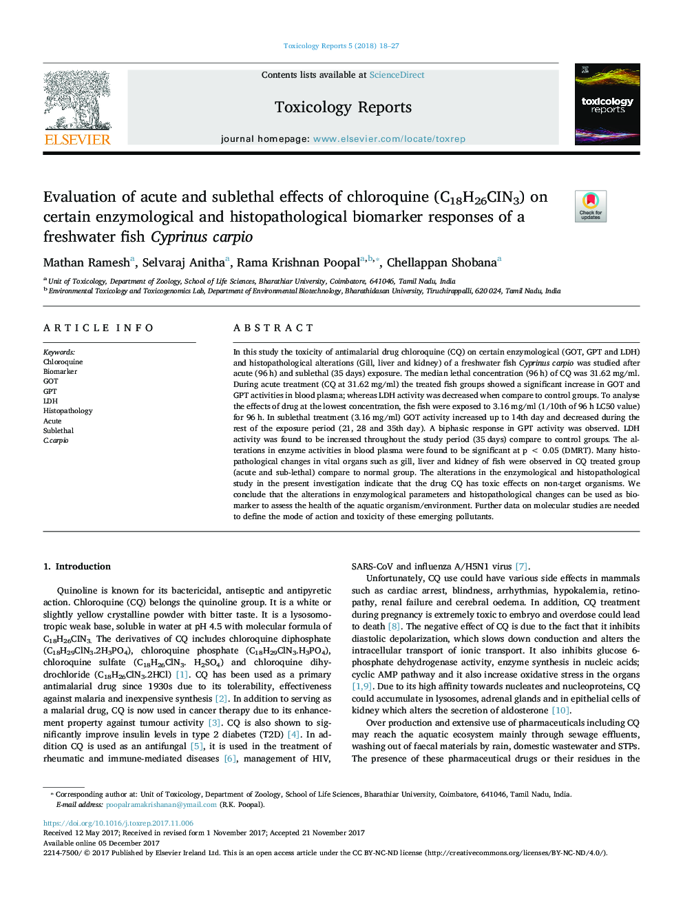 Evaluation of acute and sublethal effects of chloroquine (C18H26CIN3) on certain enzymological and histopathological biomarker responses of a freshwater fish Cyprinus carpio