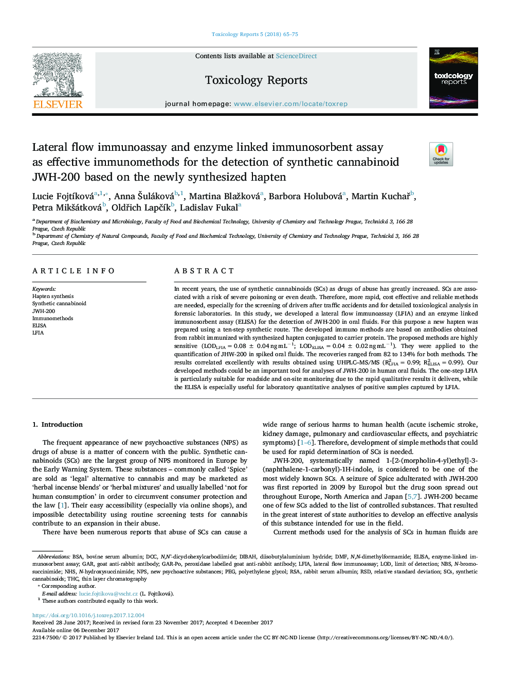 Lateral flow immunoassay and enzyme linked immunosorbent assay as effective immunomethods for the detection of synthetic cannabinoid JWH-200 based on the newly synthesized hapten