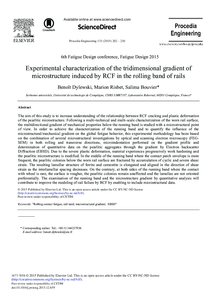 Experimental Characterization of the Tridimensional Gradient of Microstructure Induced by RCF in the Rolling Band of Rails 