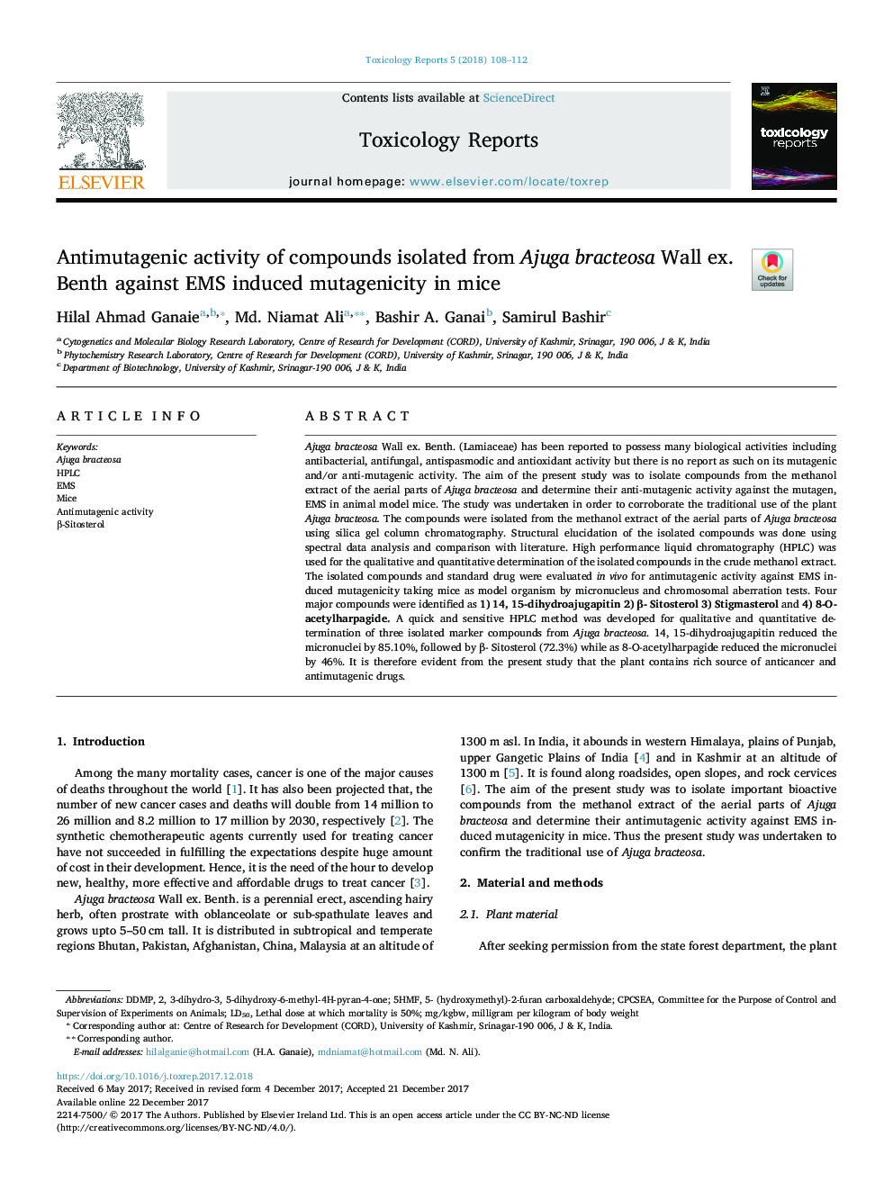 Antimutagenic activity of compounds isolated from Ajuga bracteosa Wall ex. Benth against EMS induced mutagenicity in mice