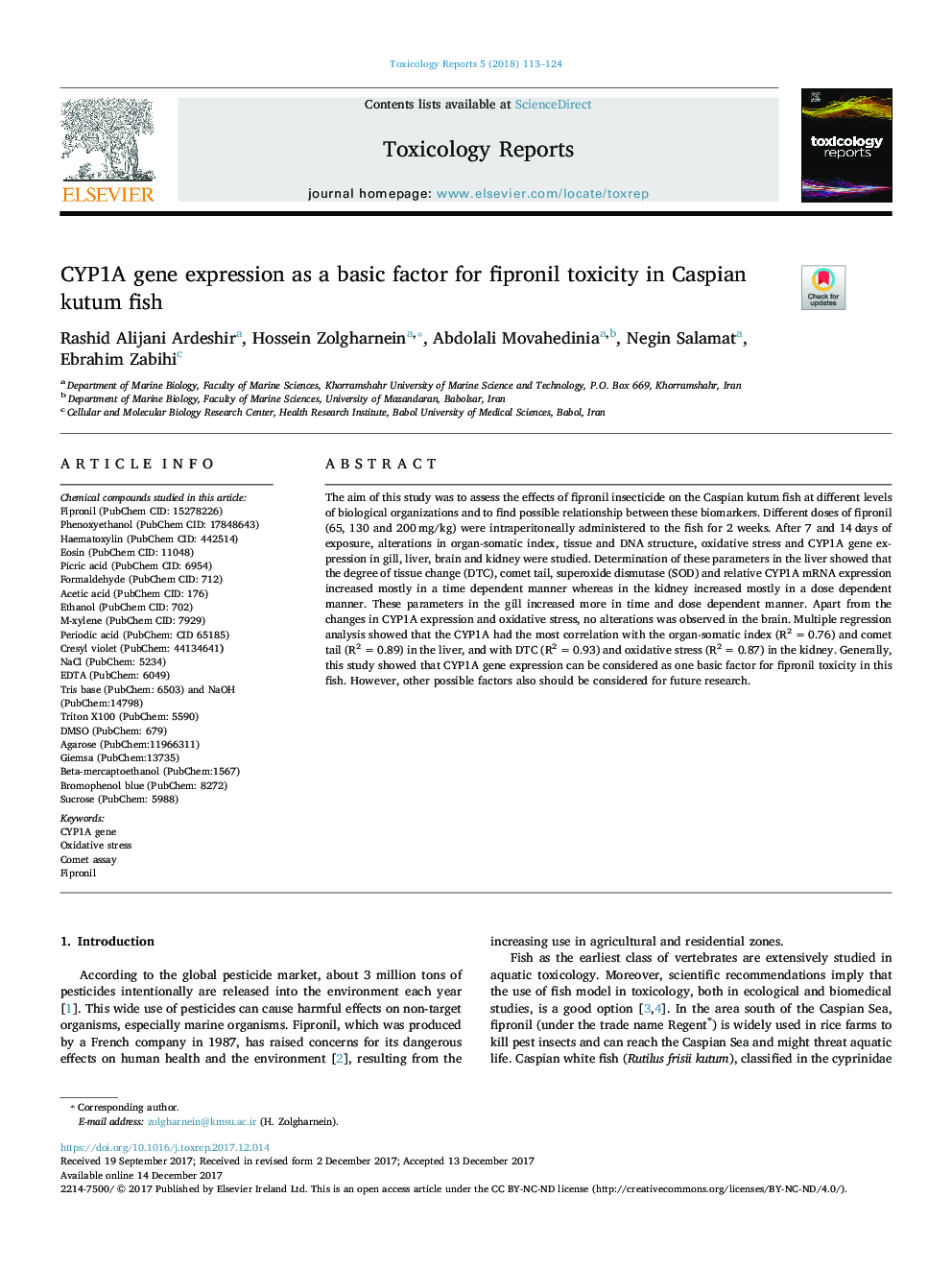 CYP1A gene expression as a basic factor for fipronil toxicity in Caspian kutum fish