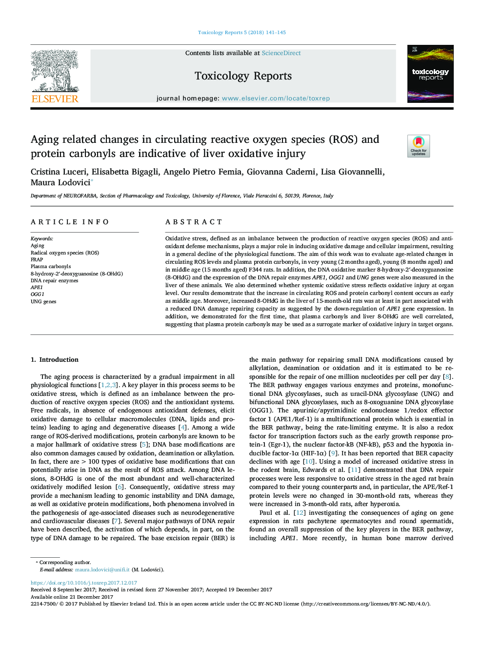 Aging related changes in circulating reactive oxygen species (ROS) and protein carbonyls are indicative of liver oxidative injury