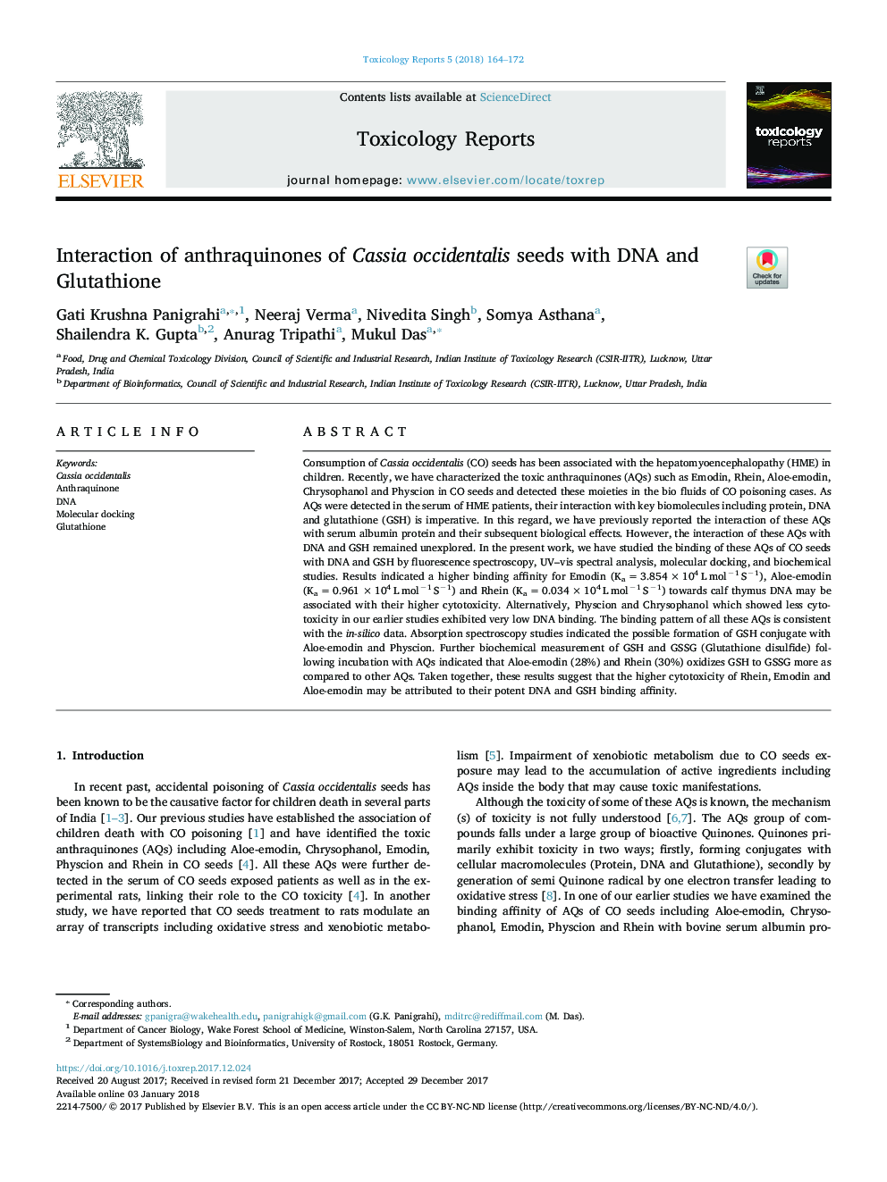 Interaction of anthraquinones of Cassia occidentalis seeds with DNA and Glutathione