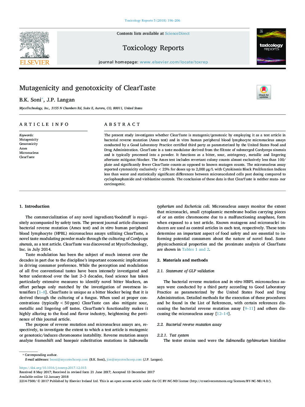 Mutagenicity and genotoxicity of ClearTaste