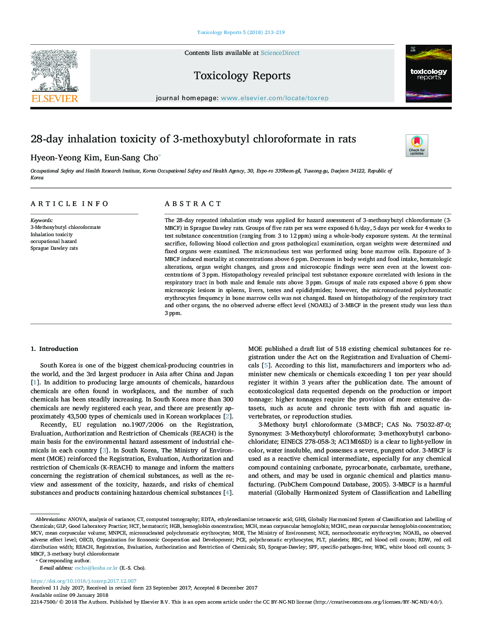 28-day inhalation toxicity of 3-methoxybutyl chloroformate in rats