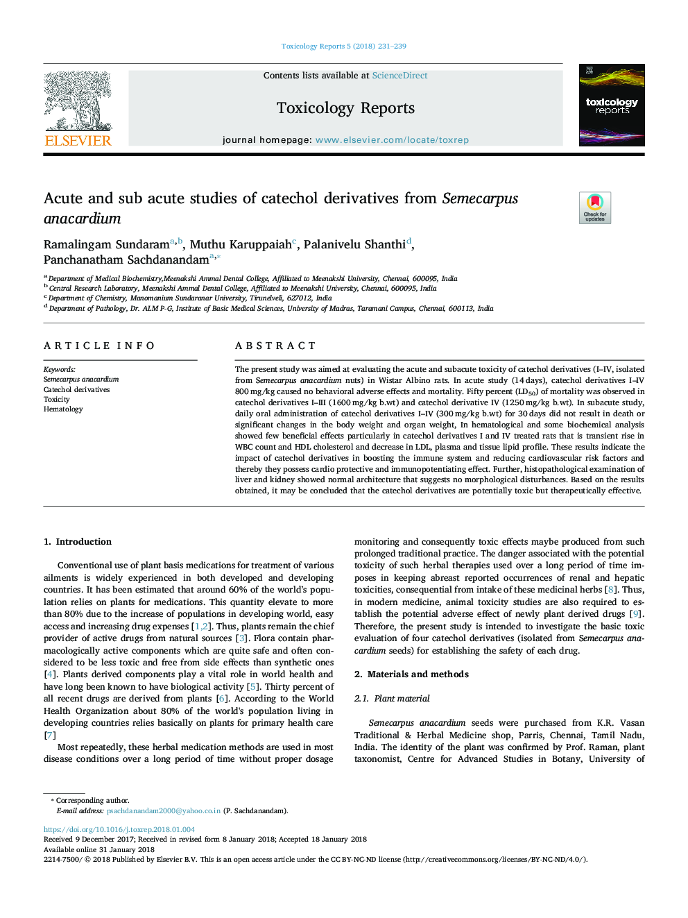 Acute and sub acute studies of catechol derivatives from Semecarpus anacardium