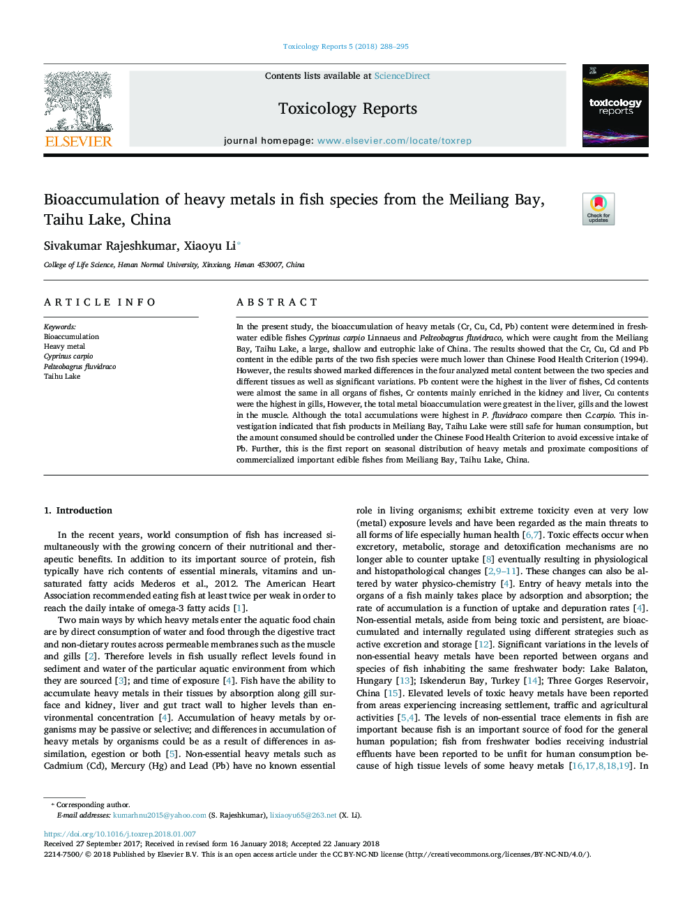 Bioaccumulation of heavy metals in fish species from the Meiliang Bay, Taihu Lake, China