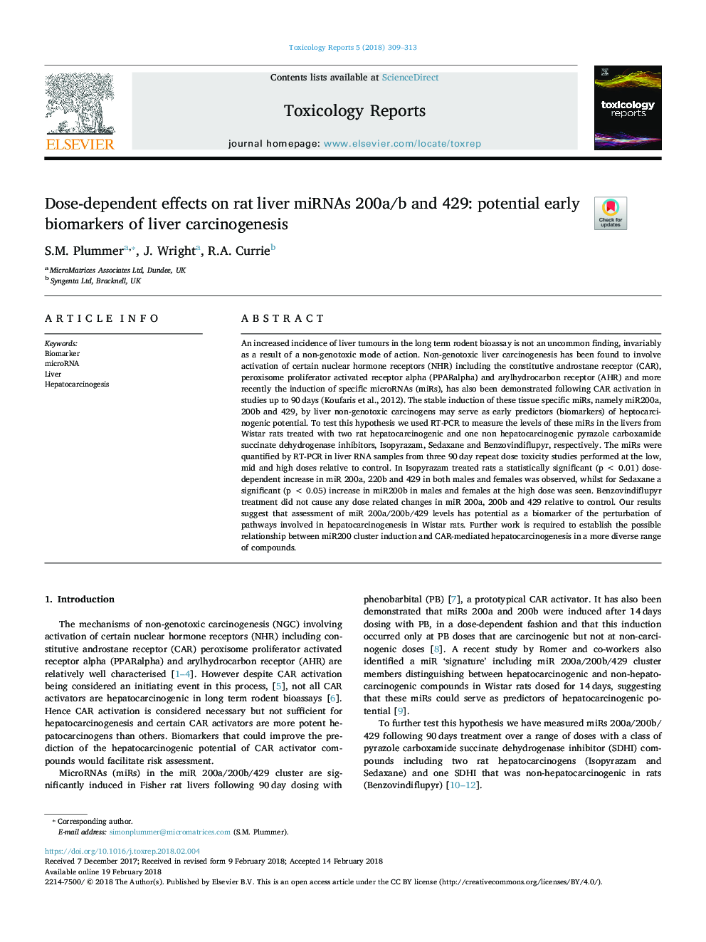 Dose-dependent effects on rat liver miRNAs 200a/b and 429: potential early biomarkers of liver carcinogenesis