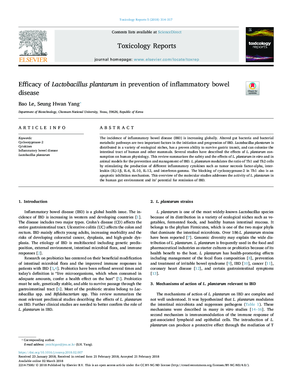 Efficacy of Lactobacillus plantarum in prevention of inflammatory bowel disease