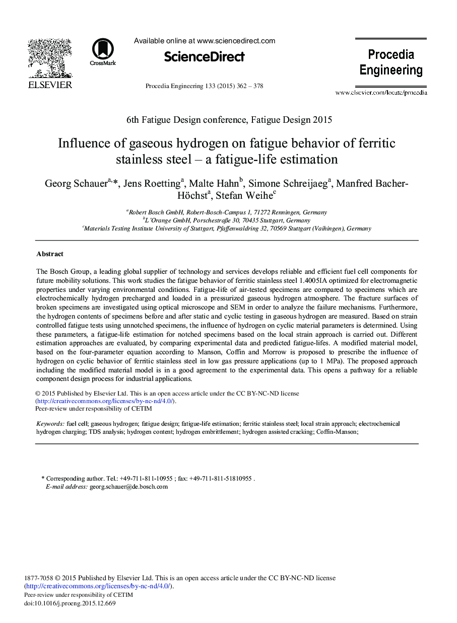 Influence of Gaseous Hydrogen on Fatigue Behavior of Ferritic Stainless Steel – A Fatigue-life Estimation 