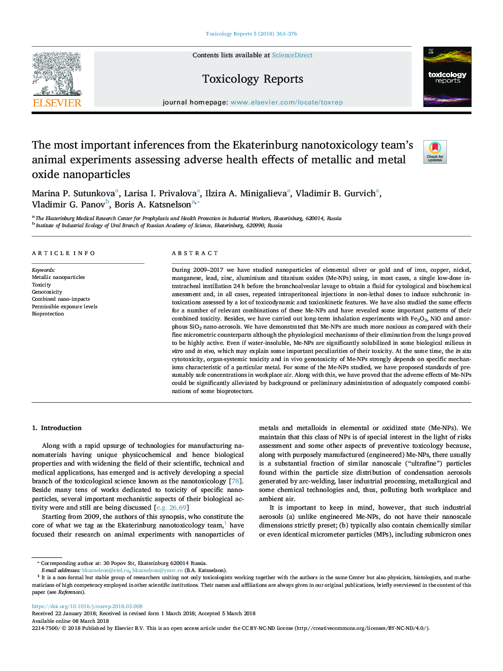 The most important inferences from the Ekaterinburg nanotoxicology team's animal experiments assessing adverse health effects of metallic and metal oxide nanoparticles