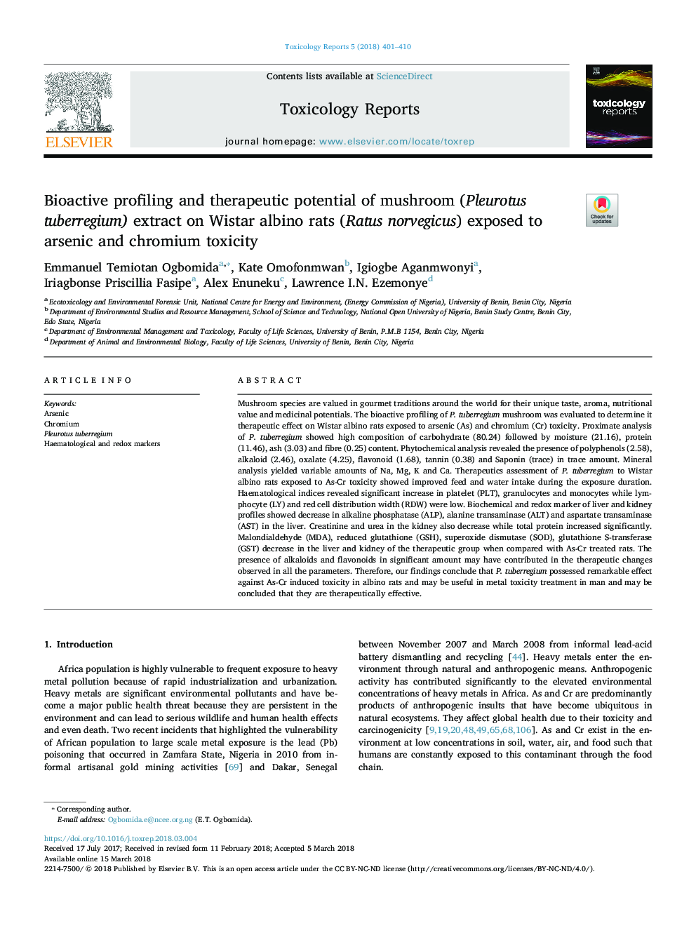 Bioactive profiling and therapeutic potential of mushroom (Pleurotus tuberregium) extract on Wistar albino rats (Ratus norvegicus) exposed to arsenic and chromium toxicity