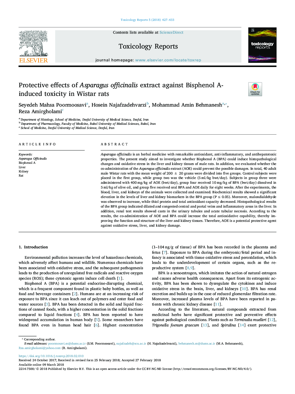 Protective effects of Asparagus officinalis extract against Bisphenol A- induced toxicity in Wistar rats