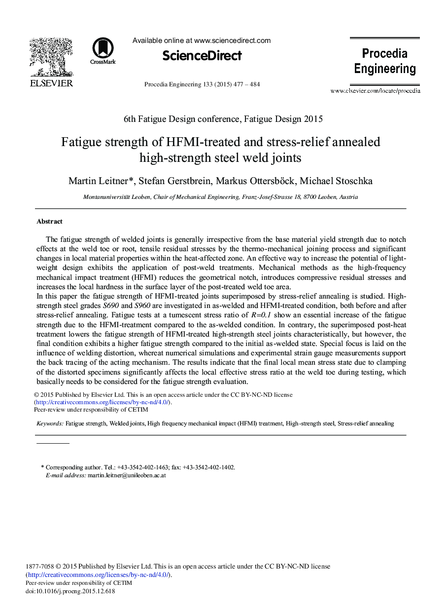Fatigue Strength of HFMI-treated and Stress-relief Annealed High-strength Steel Weld Joints 