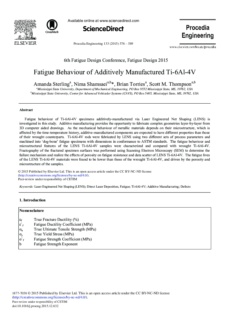 Fatigue Behaviour of Additively Manufactured Ti-6Al-4 V 