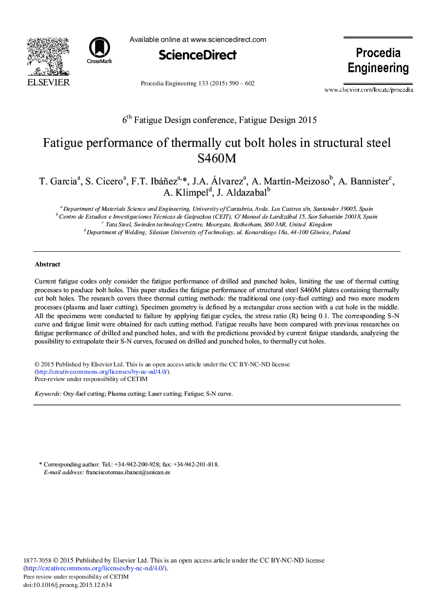 Fatigue Performance of Thermally Cut Bolt Holes in Structural Steel S460 M 
