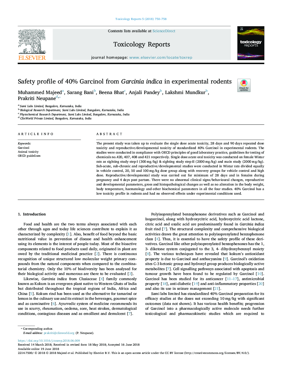 Safety profile of 40% Garcinol from Garcinia indica in experimental rodents