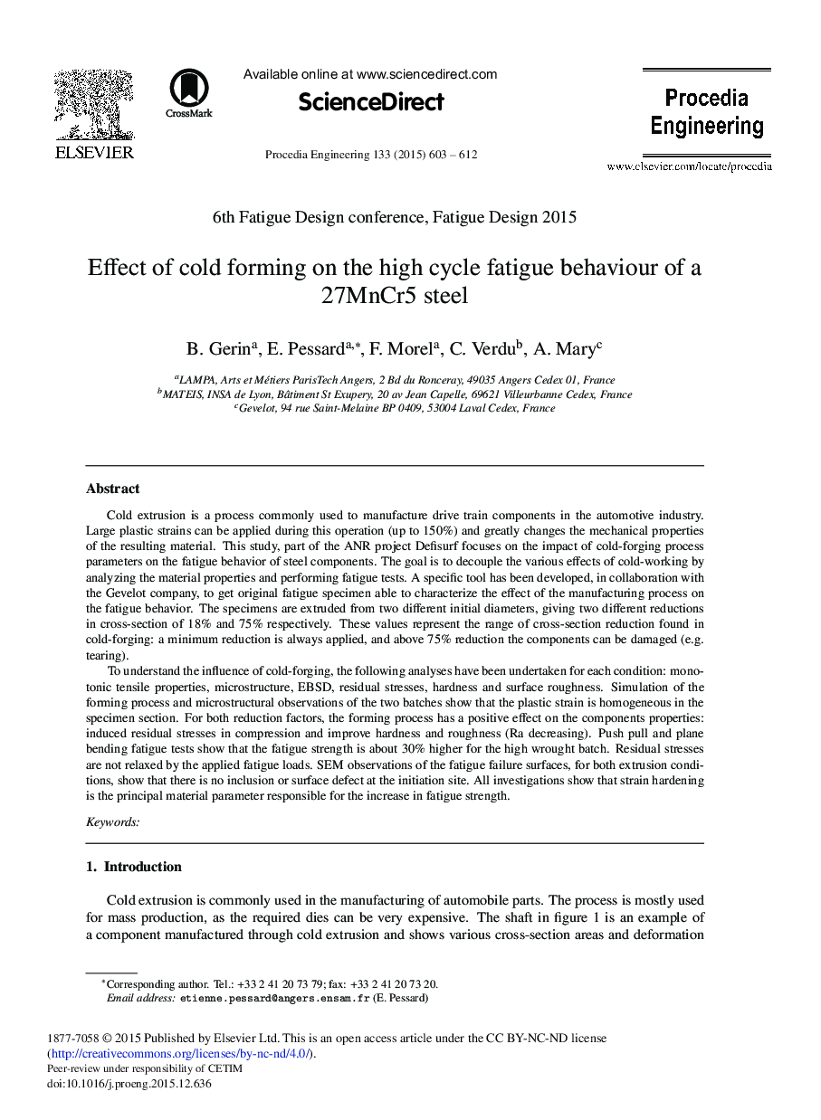 Effect of Cold Forming on the High Cycle Fatigue Behaviour of a 27MnCr5 Steel 