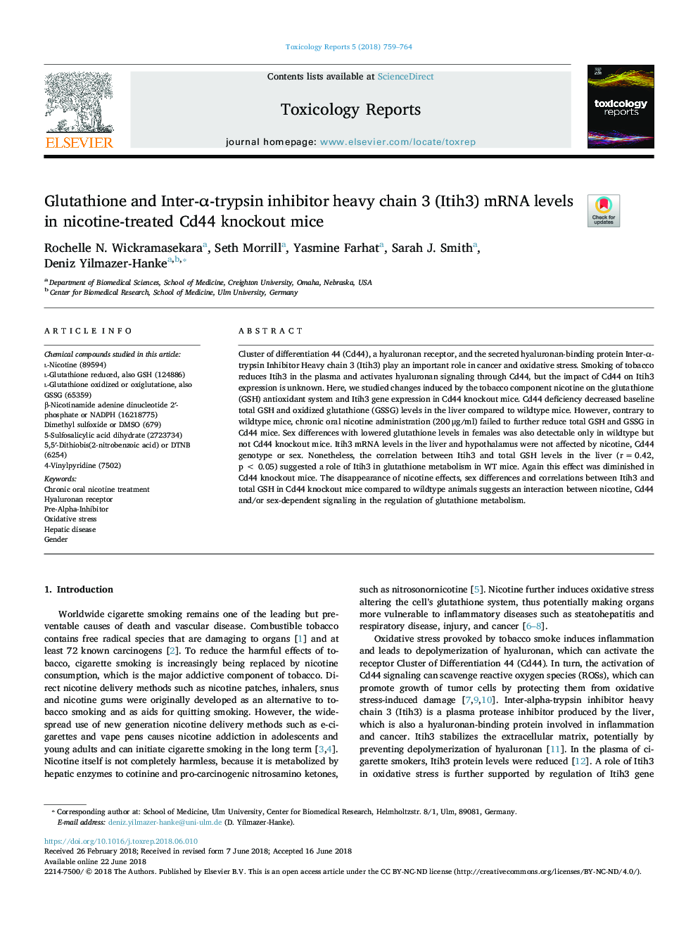 Glutathione and Inter-Î±-trypsin inhibitor heavy chain 3 (Itih3) mRNA levels in nicotine-treated Cd44 knockout mice