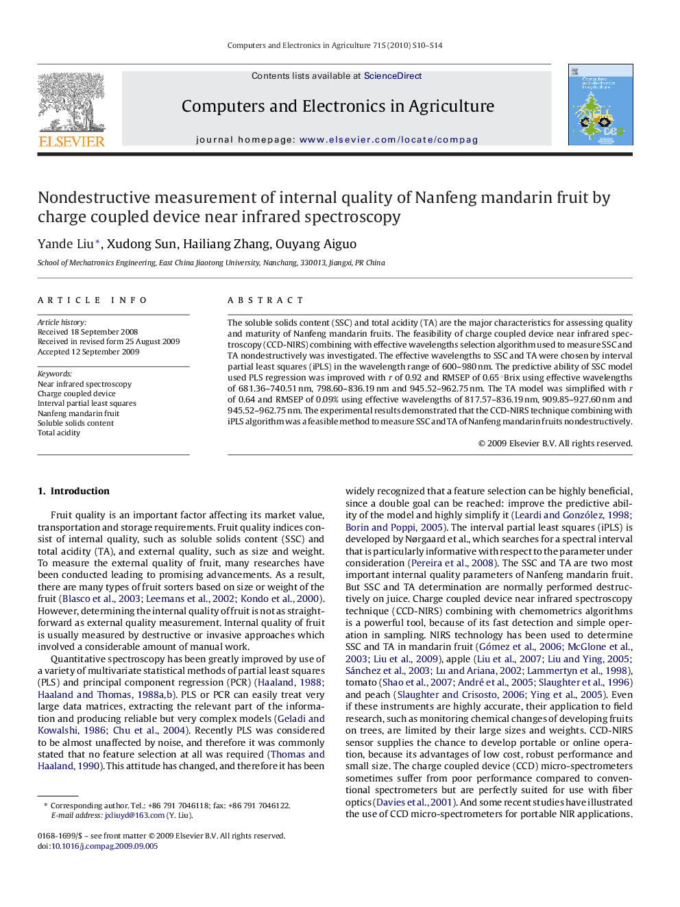 Nondestructive measurement of internal quality of Nanfeng mandarin fruit by charge coupled device near infrared spectroscopy