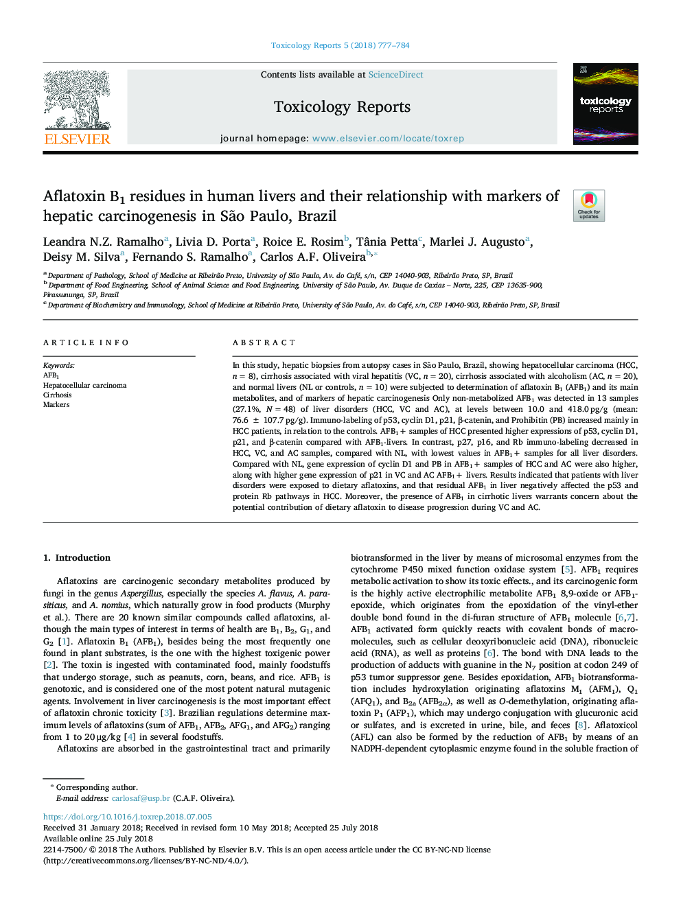 Aflatoxin B1 residues in human livers and their relationship with markers of hepatic carcinogenesis in SÃ£o Paulo, Brazil