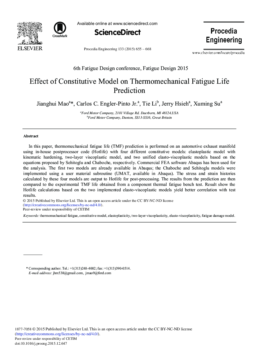 Effect of Constitutive Model on Thermomechanical Fatigue Life Prediction 