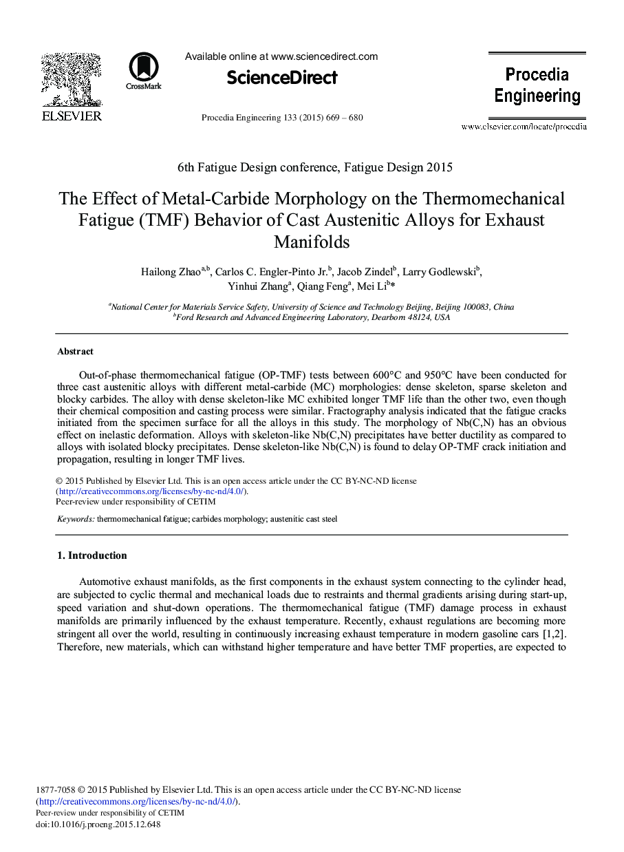 The Effect of Metal-Carbide Morphology on the Thermomechanical Fatigue (TMF) Behavior of Cast Austenitic Alloys for Exhaust Manifolds 