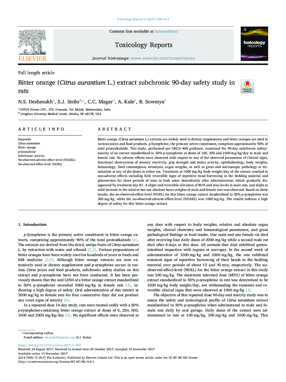 Bitter orange (Citrus aurantium L.) extract subchronic 90-day safety study in rats