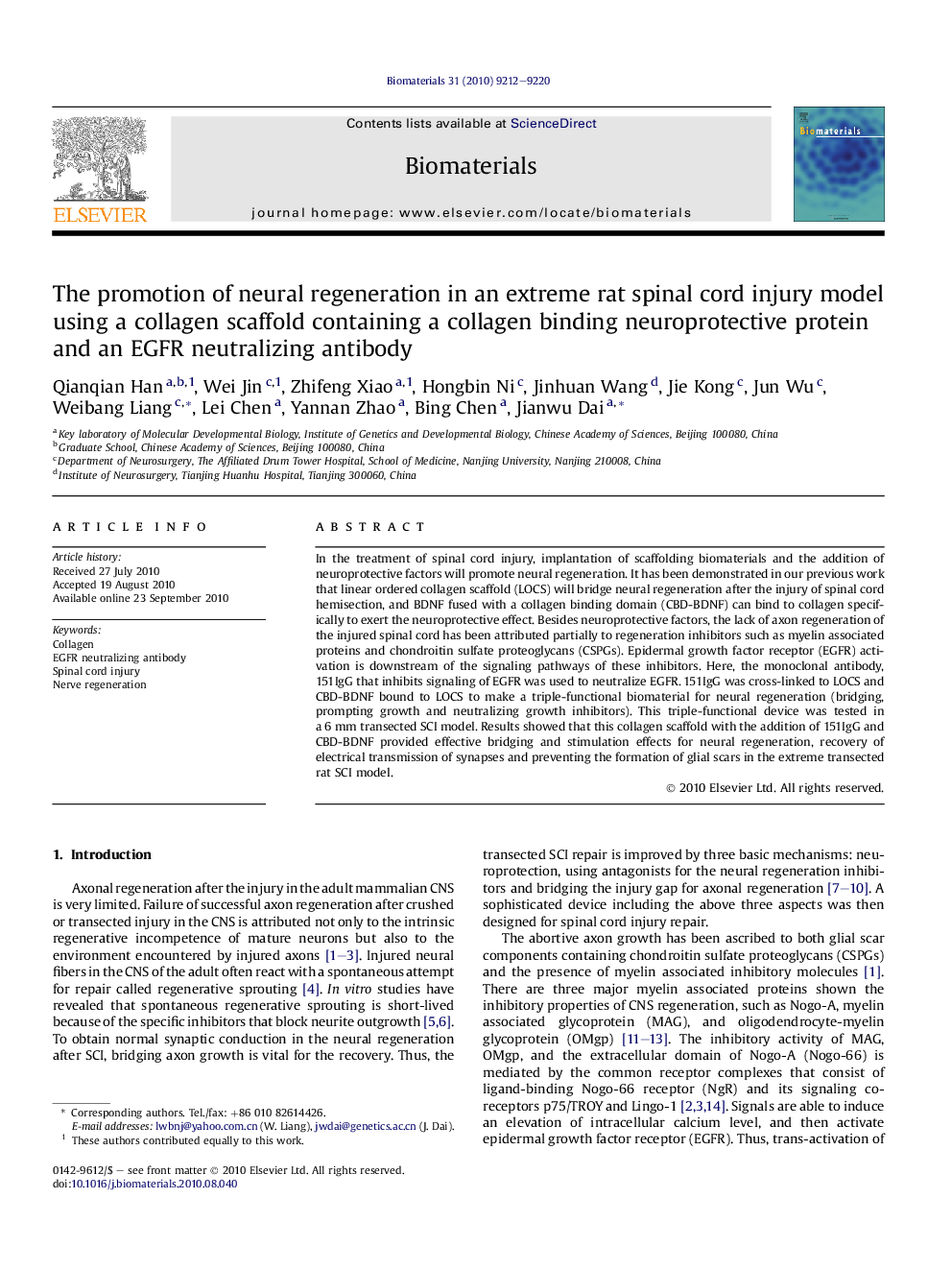 The promotion of neural regeneration in an extreme rat spinal cord injury model using a collagen scaffold containing a collagen binding neuroprotective protein and an EGFR neutralizing antibody