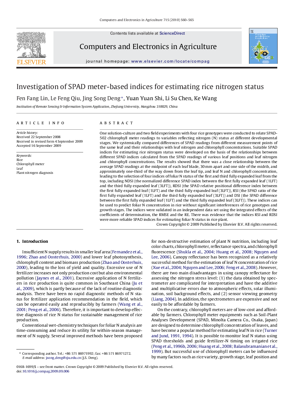 Investigation of SPAD meter-based indices for estimating rice nitrogen status