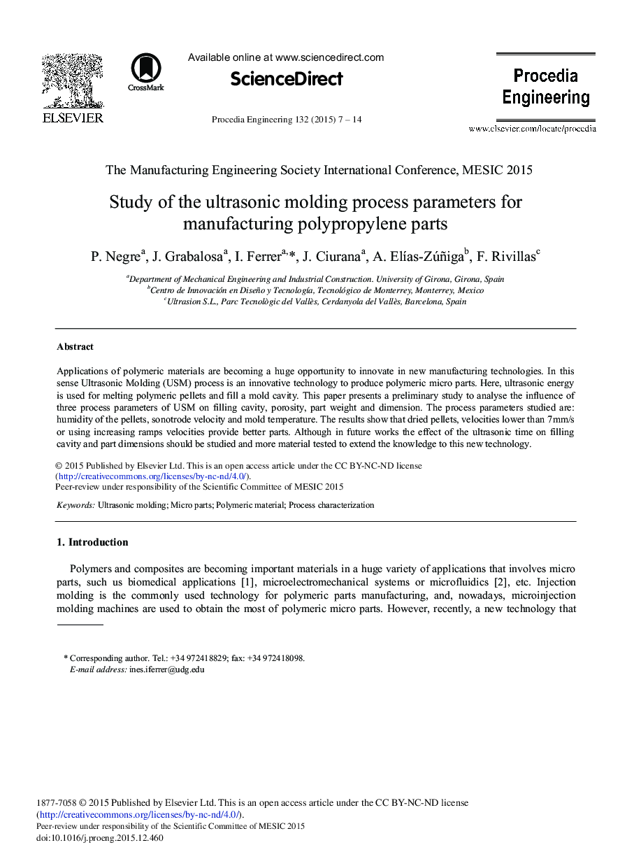 Study of the Ultrasonic Molding Process Parameters for Manufacturing Polypropylene Parts 